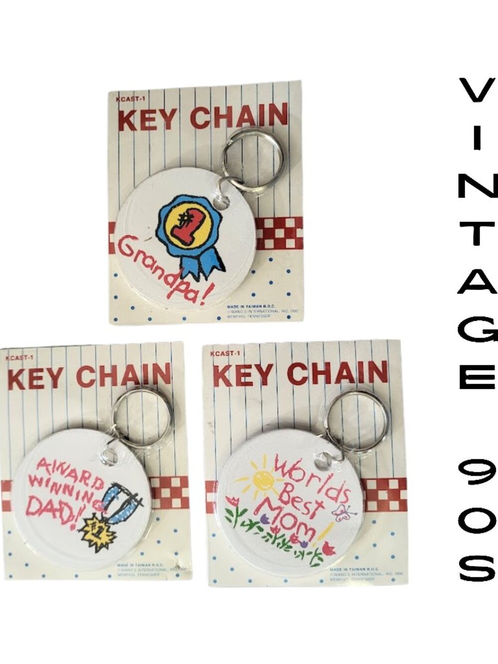 VINTAGE 1990 Bundle Set of 3 WANG'S Key Chains - Mom Dad Grandpa